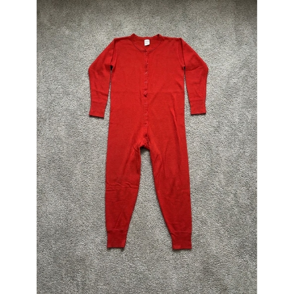 VTG Duofold Two Layer Union Suit Wool Blend Thermal Long John Red USA Small